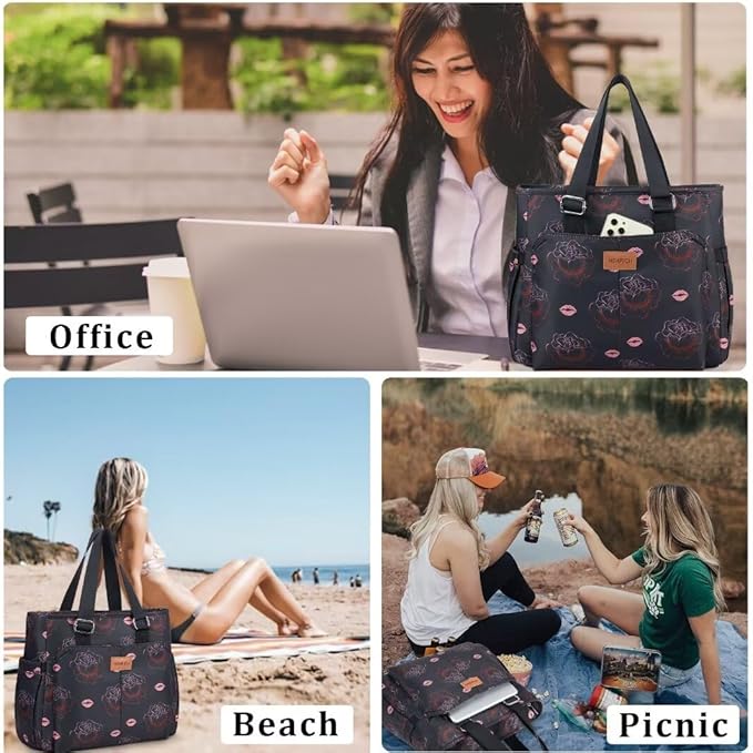 Large Women Lunch Bags for Work/Insulated Adult Lunch Box for Women/Leakproof Cooler Lunch Tote Bag with Storage Pocket. Reusable Lunch Cooler Purse for Work Picnic Hiking 14L,Black Rose