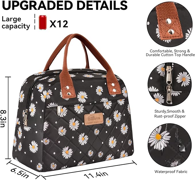 HOMESPON Insulated Lunch Bag for Women Men Adults Lunch Tote with Front Pocket Lunch Box Container Cooler Bag for Work Picnic (Black Daisy)
