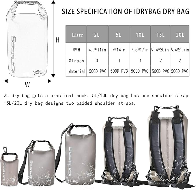 IDRYBAG Clear Dry Bag Waterproof 2L/5L/10L/15L/20L, Small Dry Sack Waterproof Bag for Kayaking