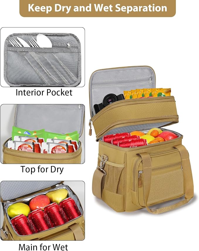 Double Deck Insulated Lunch Box, Expandable Large Lunch Bag Leakproof Cooler Bag Lunch Pail for Men Women Adults Work Shifts Travel Daytrip, Brown