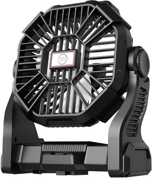 Battery Powered Fan Camping Rechargeable, Portable Outdoor Battery Operated Fan with 4 Light, 270° Pivot, and Hook