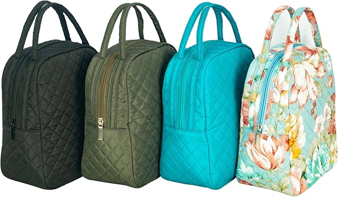 Machine Washable Women Quilted Fabric Insulated Reusable Cooler Lunch Bag Tote Adult Thermal Lunch Box Storage Bag for Ｗork (Floral)