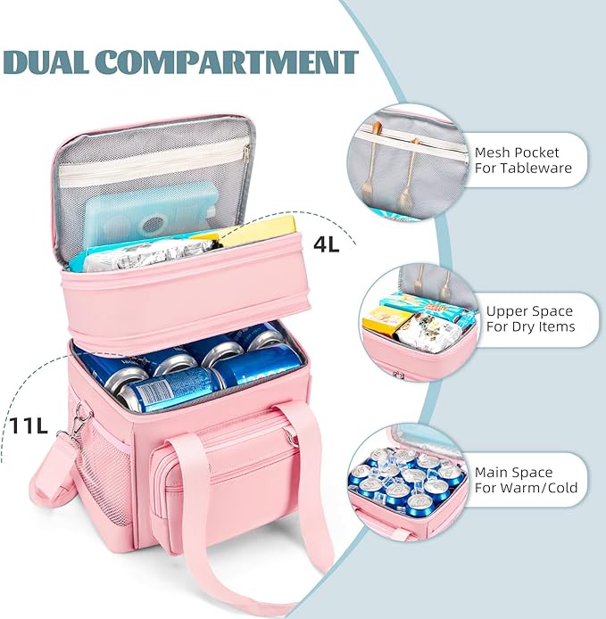 Insulated Lunch Box for Men/Women: Reusable Lunch Bag for Work Office Daytrip Picnic Beach - Leakproof Cooler Tote Bag Organizer for Adults - Pink