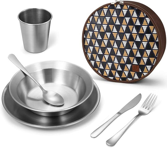 Odoland Camping Complete Messware Kit, Polished Stainless Steel Camp Dinnerware, Camping Cooking Tableware, Cutlery Organizer Utensil with Plates and Bowls Set for Backpacking, Hiking, Picnic