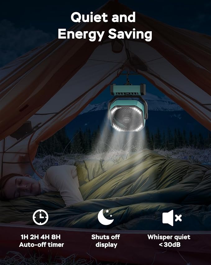 Camping Fan with Light, 20000mAh Rechargeable Battery Operated Fan, 112H Max Cooling Time, 8 Speeds, Digital Display, Remote Control, 270°Pivot with Hook for Tent Car RV Power Outage Hurricane