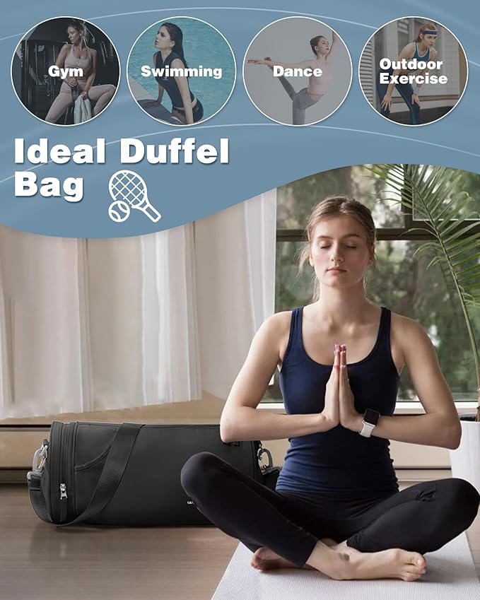 Gym Bag for Women,Men Small Duffle Travel Bags for Women Weekender Bag Waterproof Workout Bag Mini Carryon Sports/Swim Bags for Swimmers with Wet Clothes Compartments BLACK