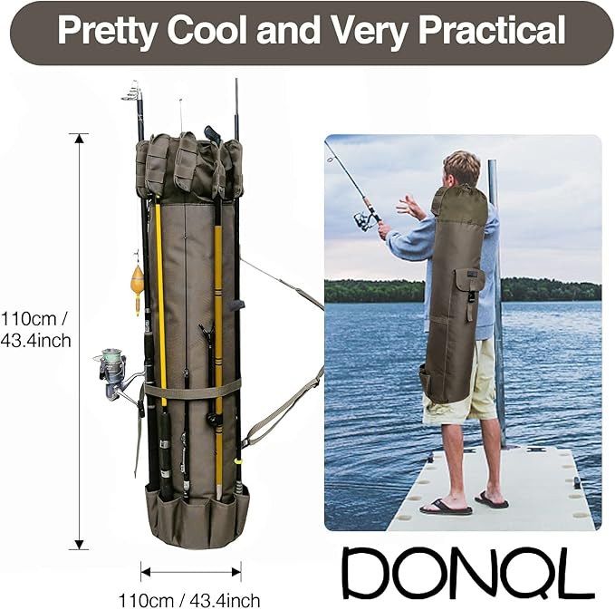 DONQL Fishing Rod Bags Outdoor Fishing Pole Holders Multifunction Camping Portable Canvas Backpack Case Fish Rod Storage Bag Fishing Rod Case Holding 5 Poles & Fishing Tackles (Khaki)