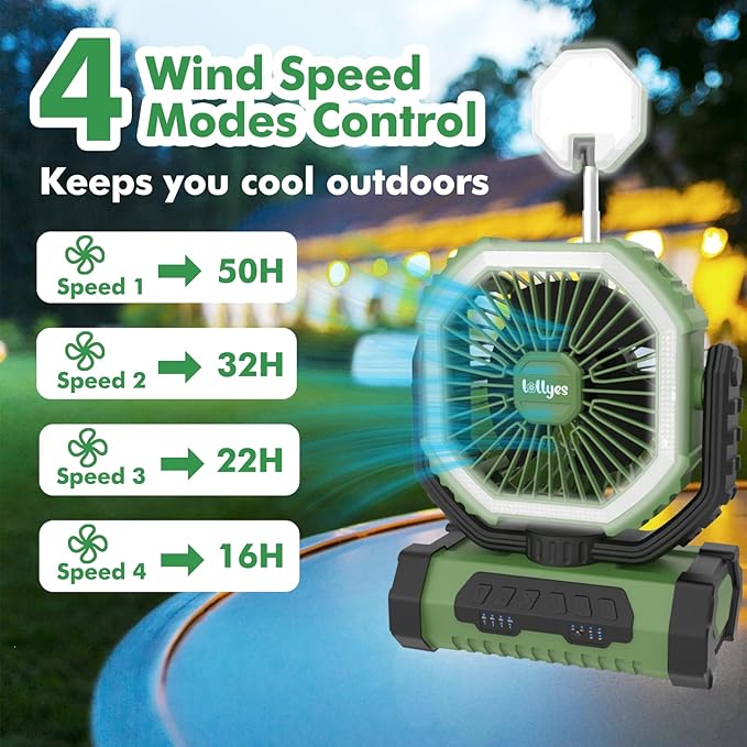 Portable Fan, AI Outdoor Rechargeable Camping Fan with Light, 20000mAh Battery Powered, 360° Rotating Hook, 4 Speeds for Indoor, Traveling, Tenting, RVing, Fishing, Beach (Green)