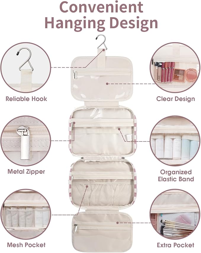 Narwey Travel Toiletry Bag for Women Large Hanging Makeup Bag Organizer Toiletries Bag for Full Size Essentials Accessories Cosmetics (Dusty Rose Checkerboard (Large))