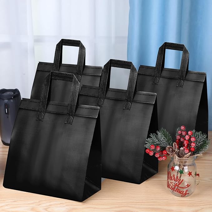 Hushee 200 Pcs Insulated Take out Bags Bulk Thermal Insulation Take Away Bags Disposable 10.24x11.02x6.69 Inch for Grocery Lunch Hot Cold Frozen Food Delivery Shipping Cooler(Black)