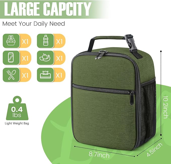 Lunch Bag for Men/Women, Reusable Lunchbox for Adult, Small Insulated Lunch box, Lunch Tote Bag for Office, Work, Picnic - Green