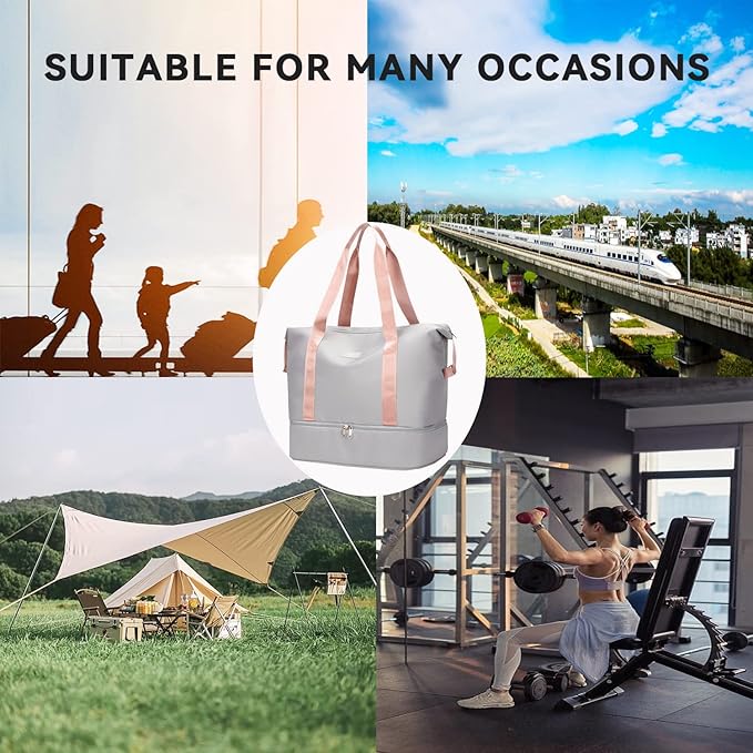 Large Travel Duffel Bag with Shoe Compartment, Gym Tote Carry on Bags for women, Lightweight Duffel Bags with Trolley Sleeve fit for Travel and Sport(Grey)