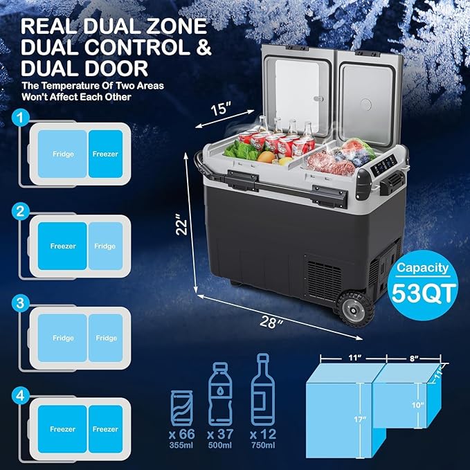 12 Volt Car Refrigerator, 53QT (50L) Dual Zone Portable Car Fridge, -4℉-68℉ Electric Cooler Dual Temp Control Cooling Freezer with Wheels, 12/24V DC and 100-240V AC for Travel, Camping, RV, Road, Home