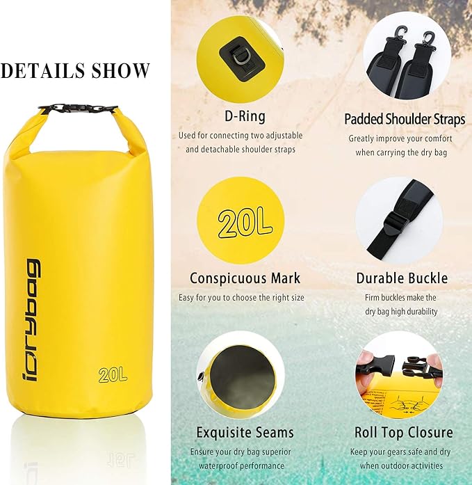 IDRYBAG Dry Bags for Kayaking Waterproof 2L/5L/10L/15L/20L, Small Dry Bag Waterproof Floating, Dry Sack Waterproof Bag for Paddleboarding Travel
