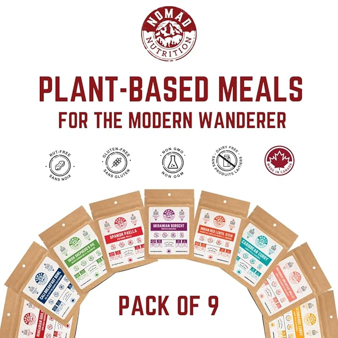 Nomad Nutrition Sampler Pack | 9 Freeze-Dried Meals: Hungarian Goulash, Shepherd’s Pie, Kathmandu Curry, Lentil Stew & More | Plant-Based, Non-GMO, High Protein | Add Boiling Water | 56g (Pack of 9)