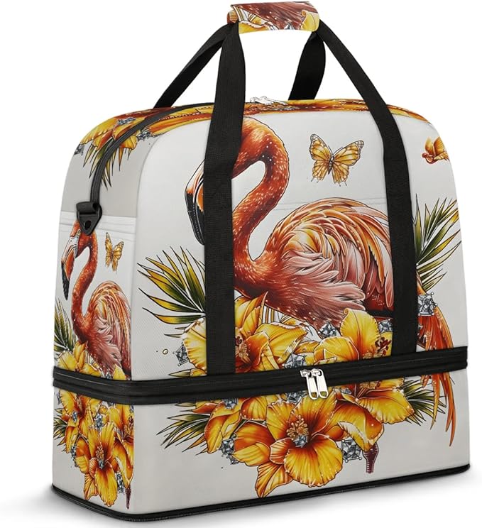 cfpolar Woman Travel Duffel Bag Vintage Flamingo Butterfly Foldable Tote Carry On Luggage Sports Gym Bag With Shoe Compartment Overnight Weekend Yoga Workout Bag Training Handbag
