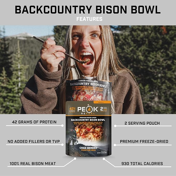 Peak Refuel Backcountry Bison Bowl | Chad Mendes Signature Meal | Premium Freeze-Dried Variety Meals | Hunting, Survival, Camping, Backpacking Food | High-Protein Game Meats | MRE | Made in USA