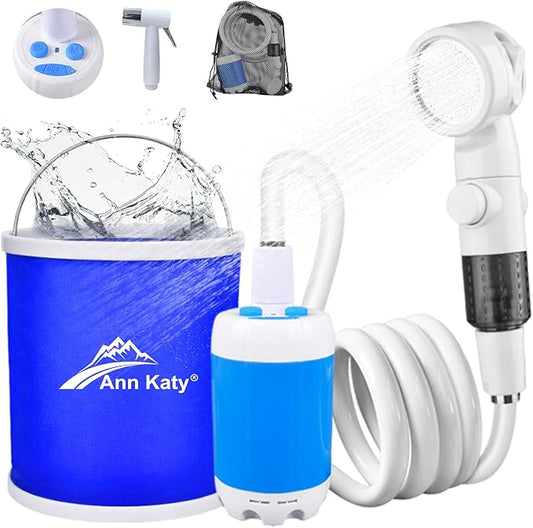 Portable Camping Shower Outdoor Camp Shower Pump with Portable Bucket,Upgrade Rechargeable Electric Shower Pump with Intelligent Multiple Spray Modes for Camping, Hiking, Traveling,RV