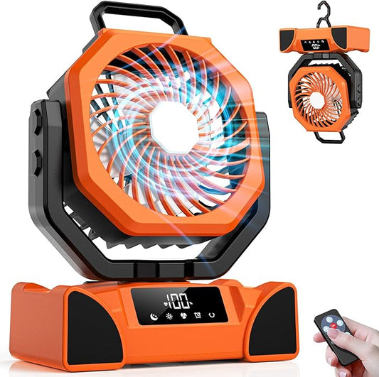 Portable Rechargeable Fan, 20000mAh Battery Powered Fan with LED Light, Camping Fans for Tent Remote Control, 5 Speed & Hook, 10-inch Outdoor Cordless Fans for Travel,Home,Beach, Power Outage - Orange