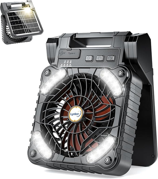 lynker Camping Fan Solar Powered with LED Lantern & Power Bank, Portable Rechargeable Battery Operated, 4 Speeds, 35dB Ultra-Quiet, 8H Timer, Foldable Fan for Tent, RV, Emergency, Hiking (Orange)