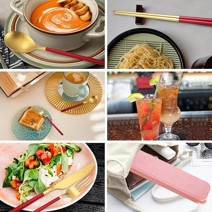AARainbow 8 Pieces Stainless Steel Flatware Set Portable Reusable Cutlery Set Travel Utensils Set Including Chopsticks Knife Fork Spoon Straws Cleaning Brush Dishwasher Safe (B-Red Golden)