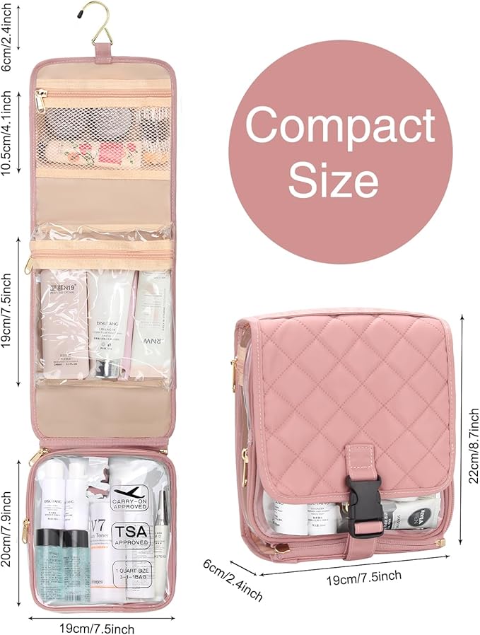 Relavel Travel Toiletry Bag for women with Detachable TSA Approved Toiletry Bag, Compact Hanging toiletry bag with Small Carry On 3-1-1 Clear Waterproof Travel Bags for Toiletries (Pink, A Small)