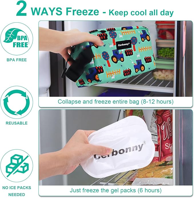 Cerbonny Small Cooler Bag Freezable Lunch Bag for Work School Travel,Small Lunch Bag,Small Insulated Bag For Kids/Adults,Freezer Lunch Bags,Mini Lunch Bag Fit For Yogurt,Suit for 3+(green vehicle)
