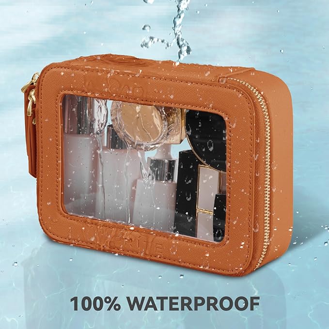 Prite Clear Makeup Bag Cosmetic Organizer Case Waterproof Travel Toiletry Bag Skincare Pouch with Golden Zipper(Brown)