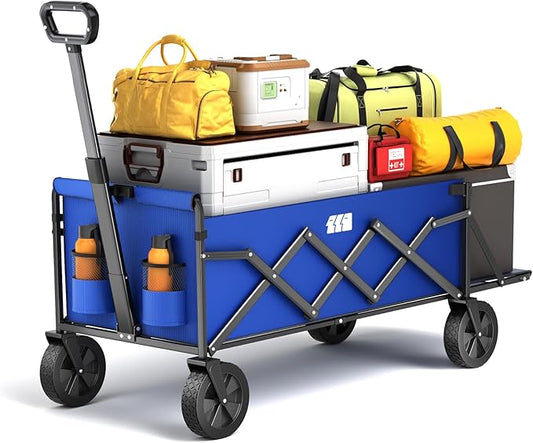 Collapsible Wagons Carts Foldable with Extended Tailgate, Folding Cart on Wheels, Portable Heavy Duty Shopping Carts for Groceries, Apartment, Garden, Camping, Fishing, Outdoor (Blue)