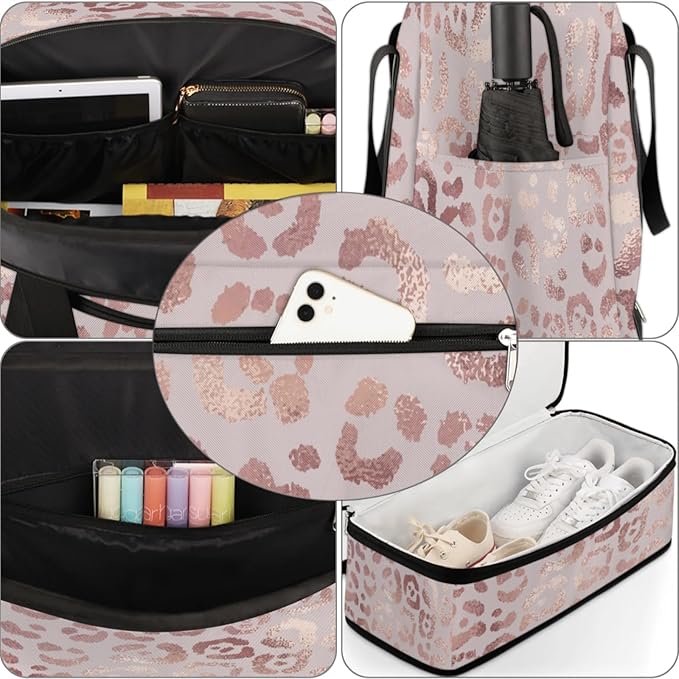 Leopard Print Foldable Travel Duffel Bag, Expandable Sports Gym Bag with Shoes Compartment Weekender Overnight Totes Bags for Women Men