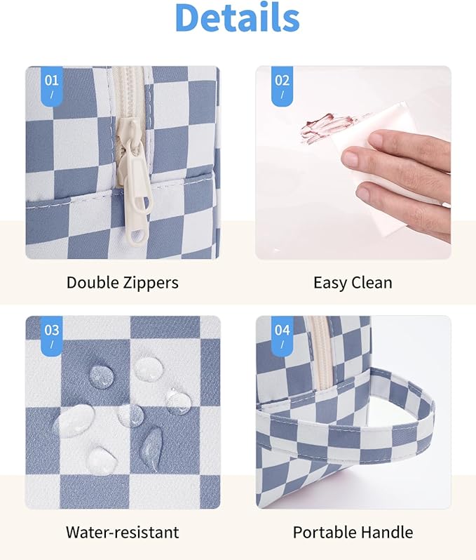 Narwey Checkered Clear Makeup Bag Cosmetic Bag with Zipper for Travel, Clear Toiletry Bags for Traveling Toiletries Wome Men, Make Up Pouch with Handle, Skincare Bag (Grayish Blue Checkerboard)