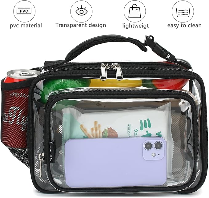 FlowFly Clear Kids Lunch Box, See Through Plastic Lunch Bag with buckle for Boys & Girls, Stadium Approved Clear Bag with Front Pocket for Work Concerts Sports Events Festivals