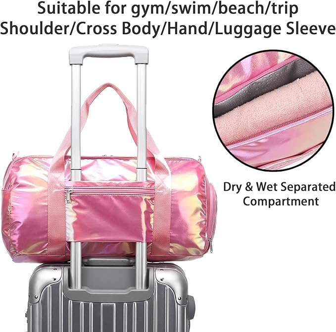Gym Bag Sports Duffle Bag with Wet Pocket Weekender Overnight Bag with Waterproof Shoe Pouch and Air Hole for Girls Kids Women Travel Foldable Bag