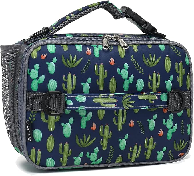 FlowFly Kids Lunch Bag, Durable Insulated School Lunch Box with Shoulder Strap and Bottle Holder, Water-resistant Thermal Small Lunch Cooler Tote for Teen Boys & Girls, Cactus