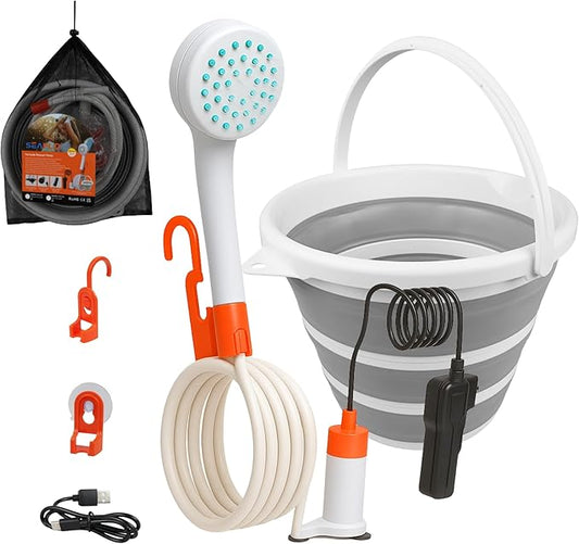 SEAFLO Portable Camping/Outdoor Shower, Rechargeable Battery, 2.64 Gallons Per Min, 40-Minute Runtime Outdoor Camping Pet Washing, Type-C Charging, 80" Hose (with or Without 2.6 Gallon Bucket)