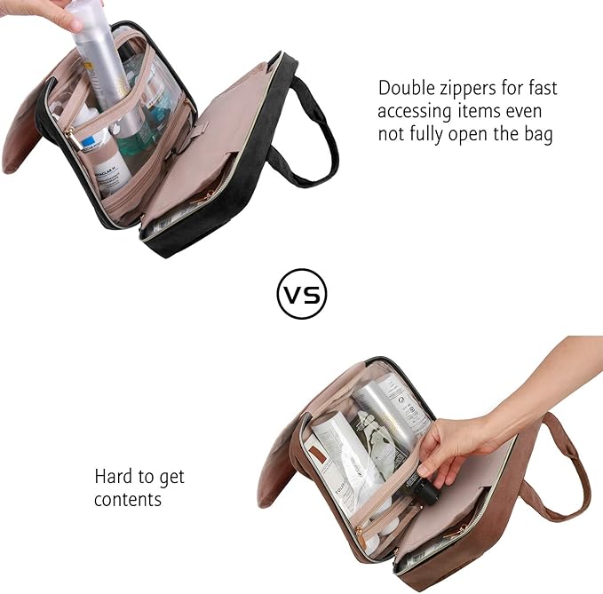 BAGSMART Toiletry Bag Travel Bag with Hanging Hook, Water-resistant Makeup Cosmetic Bag Travel Organizer for Accessories, Shampoo, Full-size Container, Toiletries (Black, Medium)