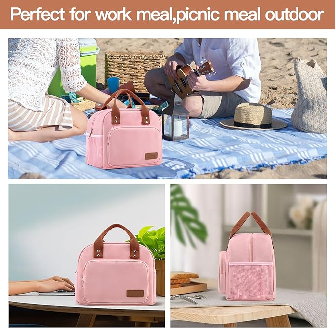 Lunch Bag Women,Insulated Lunch Box Lunch Bag for Women Men Work Adult Cute Small Lunch Tote Bag, Large Capacity Reusable Cooler Containers for Travel Picnic Office or Beach (Pink)