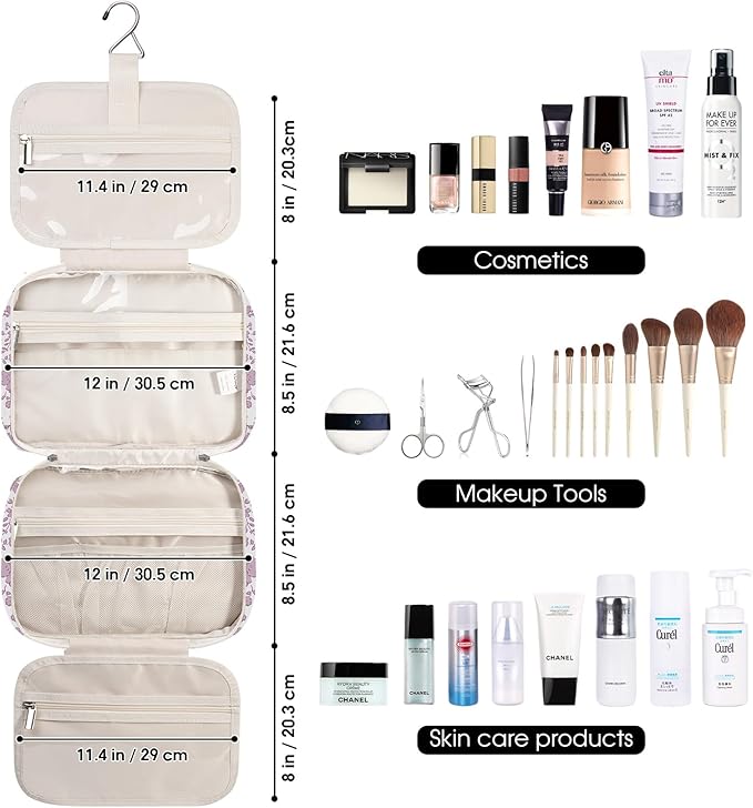 Travel Toiletry Bag for Women Large Hanging Makeup Bag Organizer Toiletries Bag for Full Size Essentials Accessories Cosmetics (Little Dusty Pink Flower (Large))