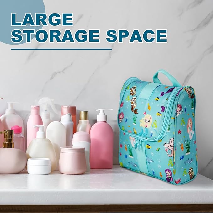 Cute Cartoon Hanging Kids Toiletry Bag Children Travel Cosmetic Makeup Organizer Wash Bag Shower bag Over Night Bag Camping Shaving Kit Bag for Boys & Girls (Mermaid)