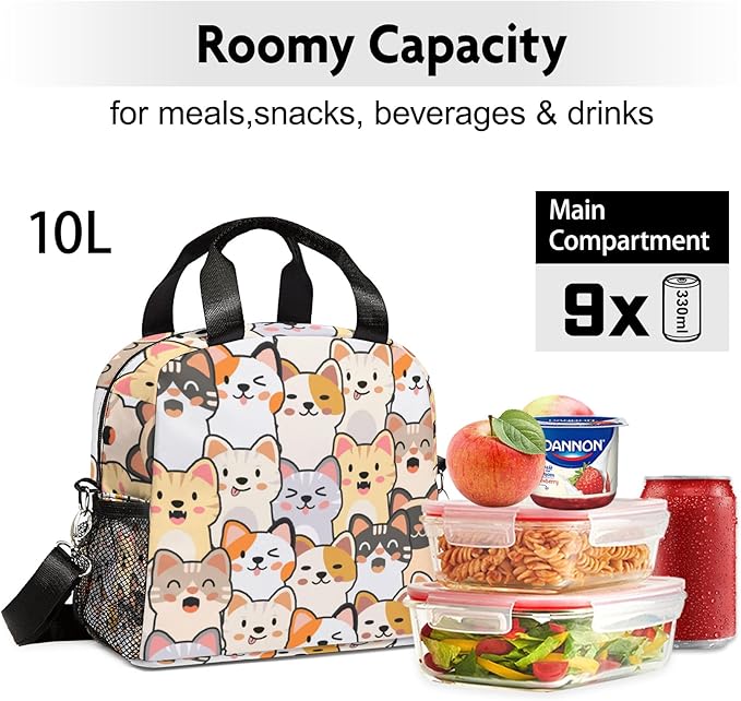 Cute Lunch Bag for Women,Insulated Cat Lunch Box for Kids Small Lunch Totebag Reusable Leakproof Lunch Bag With Shoulder Strap for Girls Boys School Work Picnic