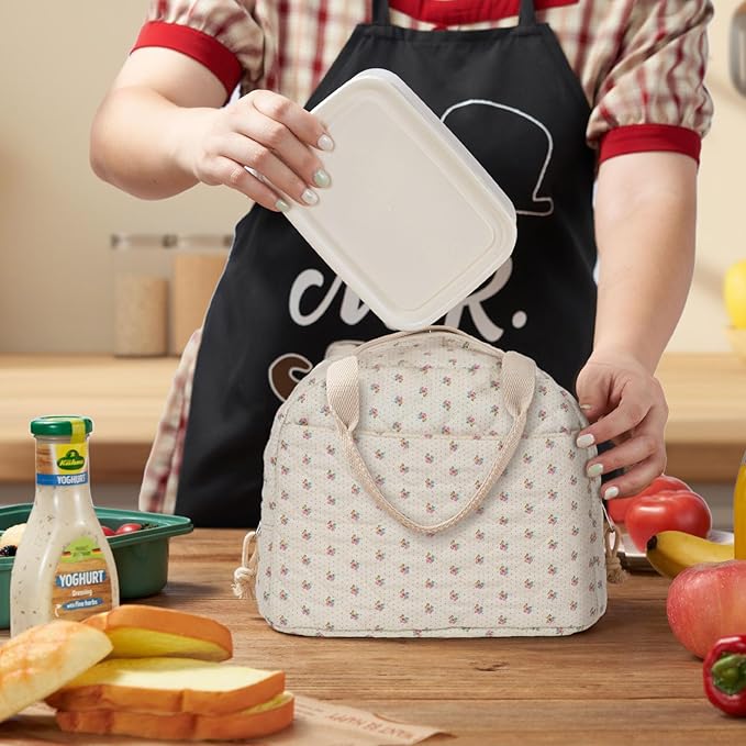 Insulated Lunch Bag, Quilted Beige Floral Design, Thermal Cooler Tote, Portable Large Capacity for Work, School, or Picnic, 8.5L