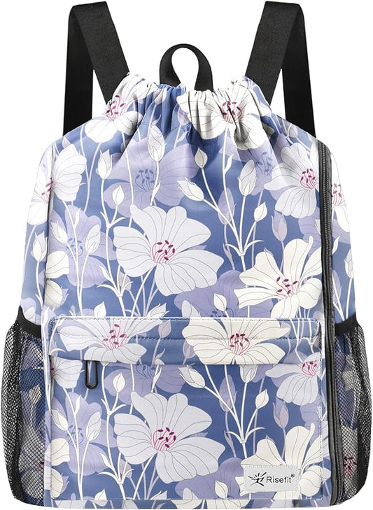 Drawstring Backpack with Mesh Pockets String Gym Bag Sackpack Sandproof Water Resistant Beach Backpack for Men Women