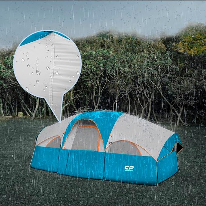 CAMPROS CP Tent 8 Person Camping Tents, Weather Resistant Family Tent, 5 Large Mesh Windows, Double Layer, Divided Curtain for Separated Room, Portable with Carry Bag