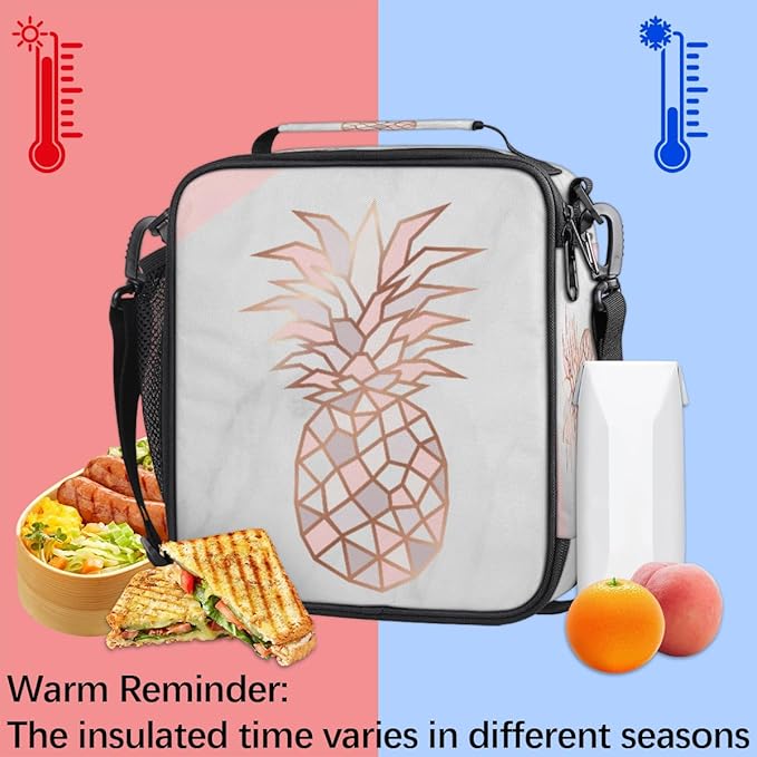 Marble Pineapple Kids Lunch Bag Pinks Pineapple Insulated Lunch Box for Girls Waterproof Lunch Bento Tote Bags Thermal Lunchbox School Lunchbox Insulated with Shoulder Strap