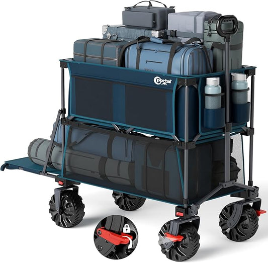 PORTAL 400L Large Capacity Collapsible Double Decker Wagon with Brakes, 450LB Heavy Duty Folding Cart with Tailgate, Foldable Utility Wagons for Camping, Beach, Garden, Sports, Shopping