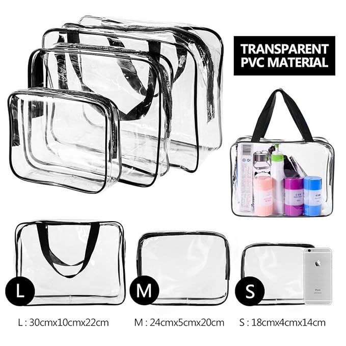 6Pcs Crystal Clear PVC Travel Toiletry Bag Kit for Women Men, Waterproof Vinyl Packing Organizer Storage Bags with Zipper Handle Straps, Cosmetic Pouch Carry on Airport Airline Compliant Bag Handbag