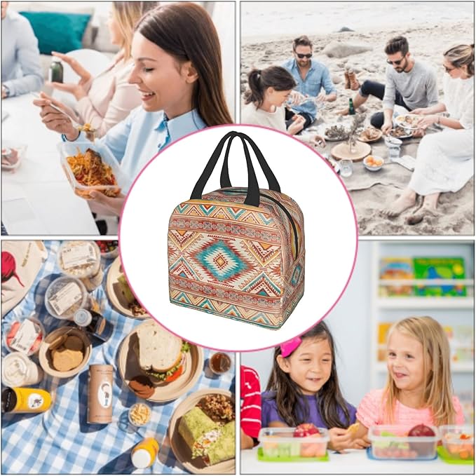 Giwawa Aztec Ethnic Lunch Box Native American Southwestern Tribal Geometric Thermal Lunch Bag with Front Pocket Insulated Meal Cooler Handbag for Kids Teens Girls Picnic Men Women Work