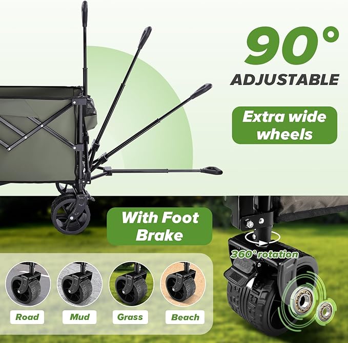 48''L Wagons Carts Foldable, 440Lbs Beach Collapsible Wagon Heavy Duty Garden Cart with Wheels and Elastic Rope Wagon for Shopping Camping and Storage(Army Green)