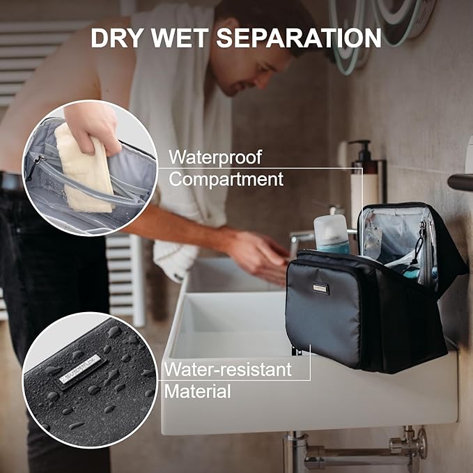 Everfun Compact Toiletry Bag for Men and Women Traveling, Wide Open Shaving Dopp Kit, Water Resistant Makeup Organizer Hygiene Bag with Wet Dry Compartment