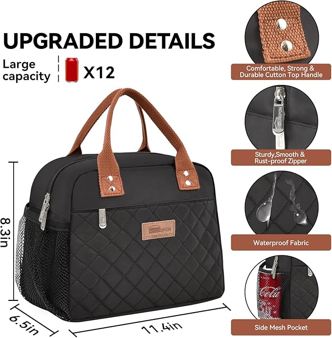 HOMESPON Insulated Lunch Bag for Women Men Adults Lunch Tote with Front Pocket Lunch Box Container Cooler Bag for Work Picnic (Black with Side Pockets)